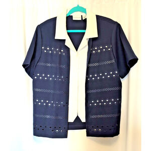 90s VTG Wmn's Top: Alfred dunner 16 blue short sleeve layered white shoulder pad